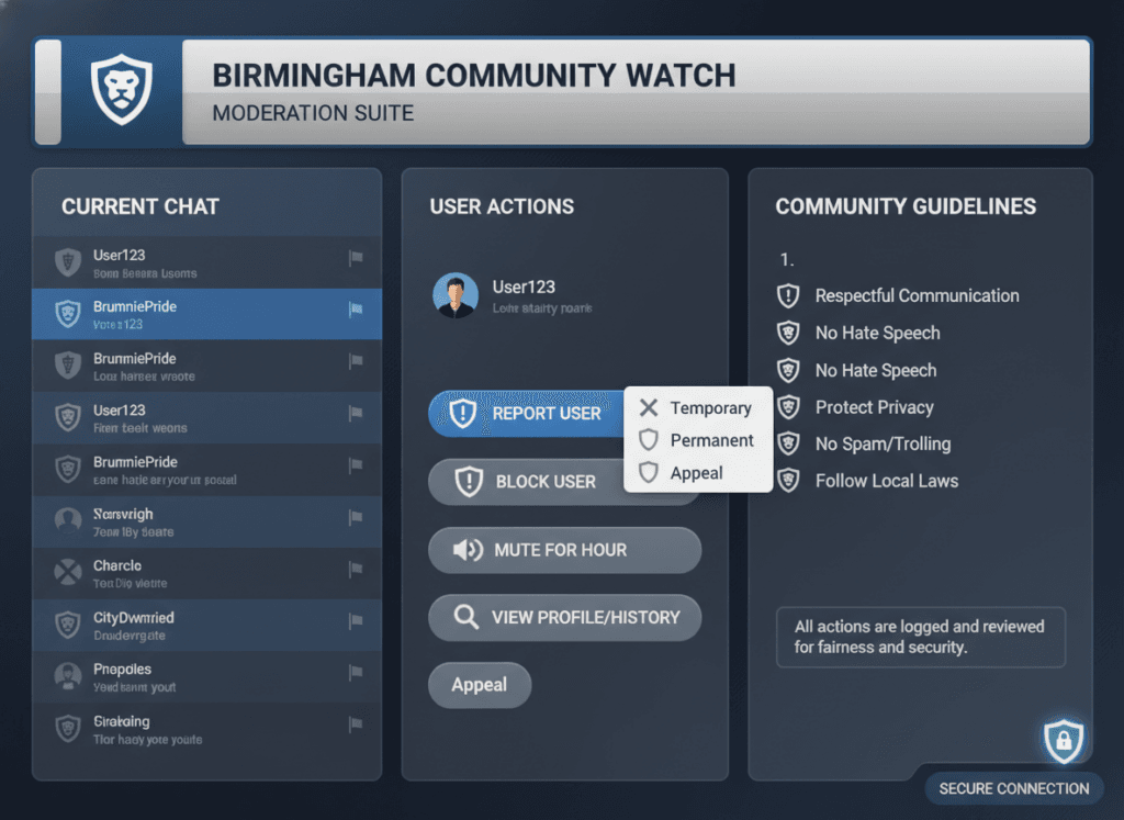 Chat room moderation tools and safety features interface