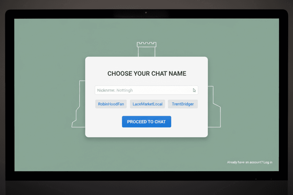 Chat room nickname selection screen with Nottingham-themed options