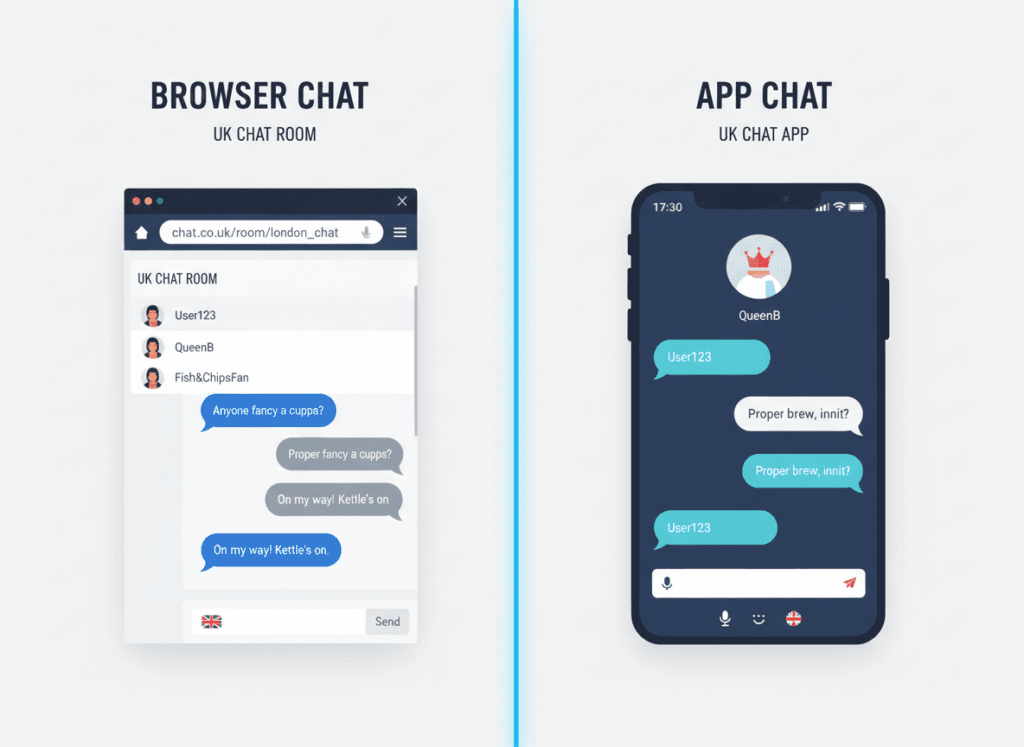 Comparison of browser-based and app-based chat rooms showing their interfaces