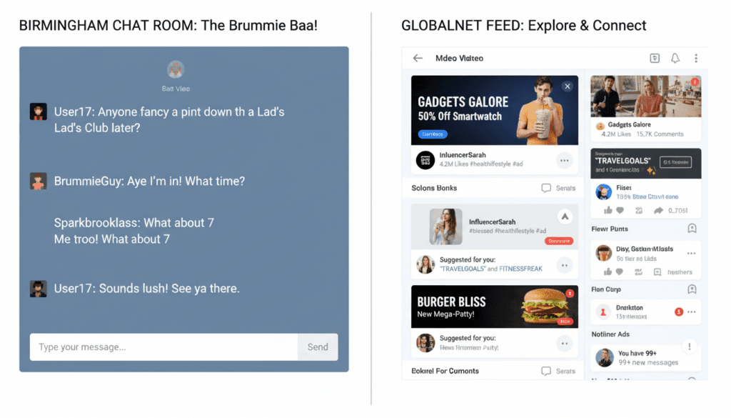 Comparison showing the difference between chat room and social media interfaces
