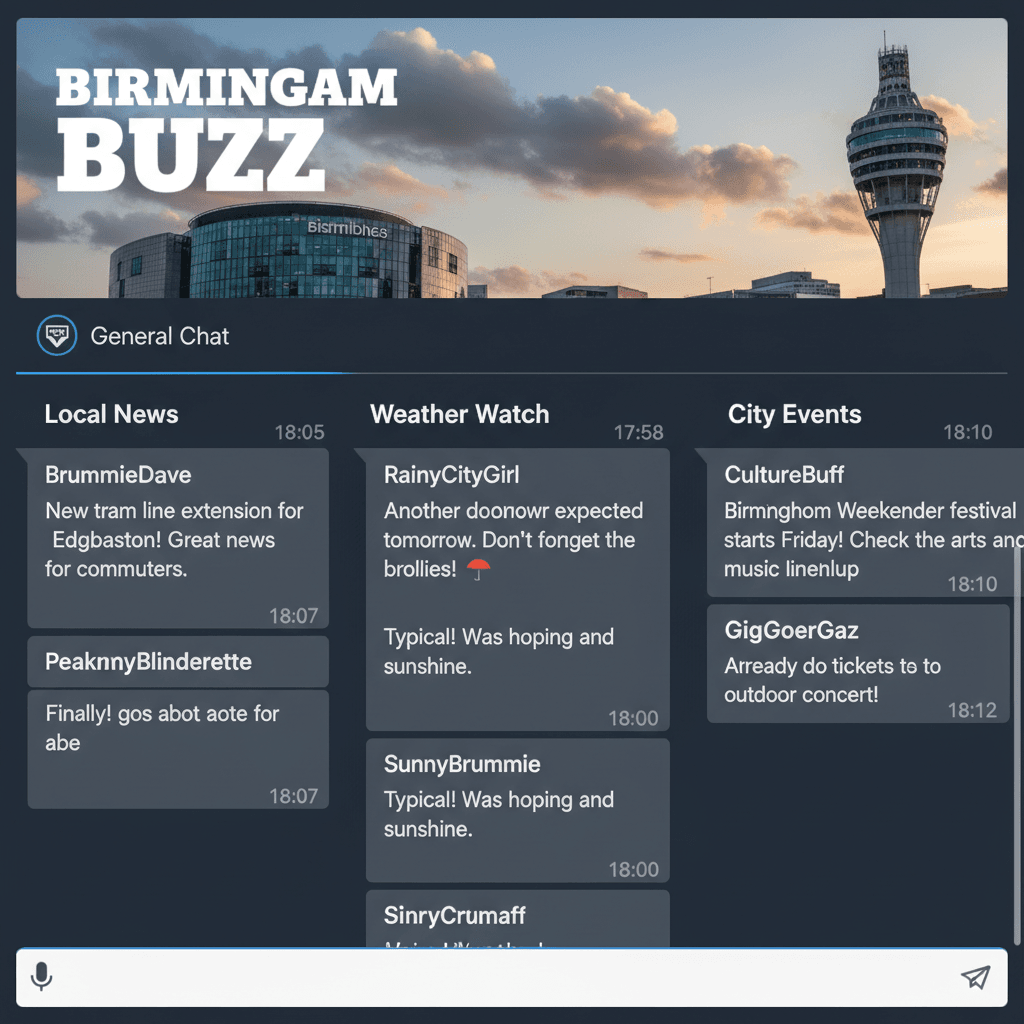 General Birmingham chat room interface showing diverse conversation topics
