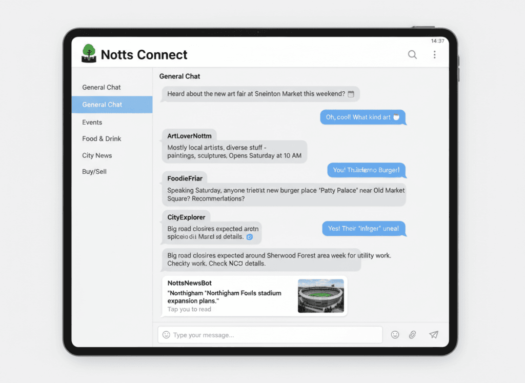 General Nottingham chat room interface showing diverse conversation topics