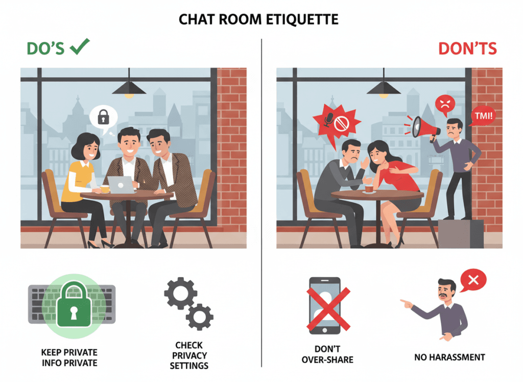 Illustration showing chat room etiquette with do's and don'ts
