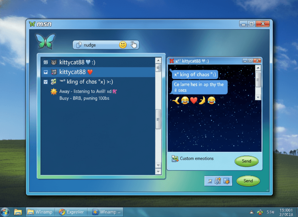 MSN Messenger interface showing nudges, emoticons, and personalized status messages at the peak of chat room popularity