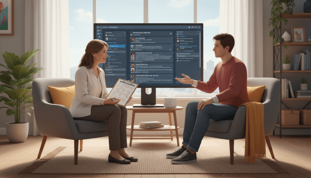 Mental health professional discussing chat room addiction with a patient