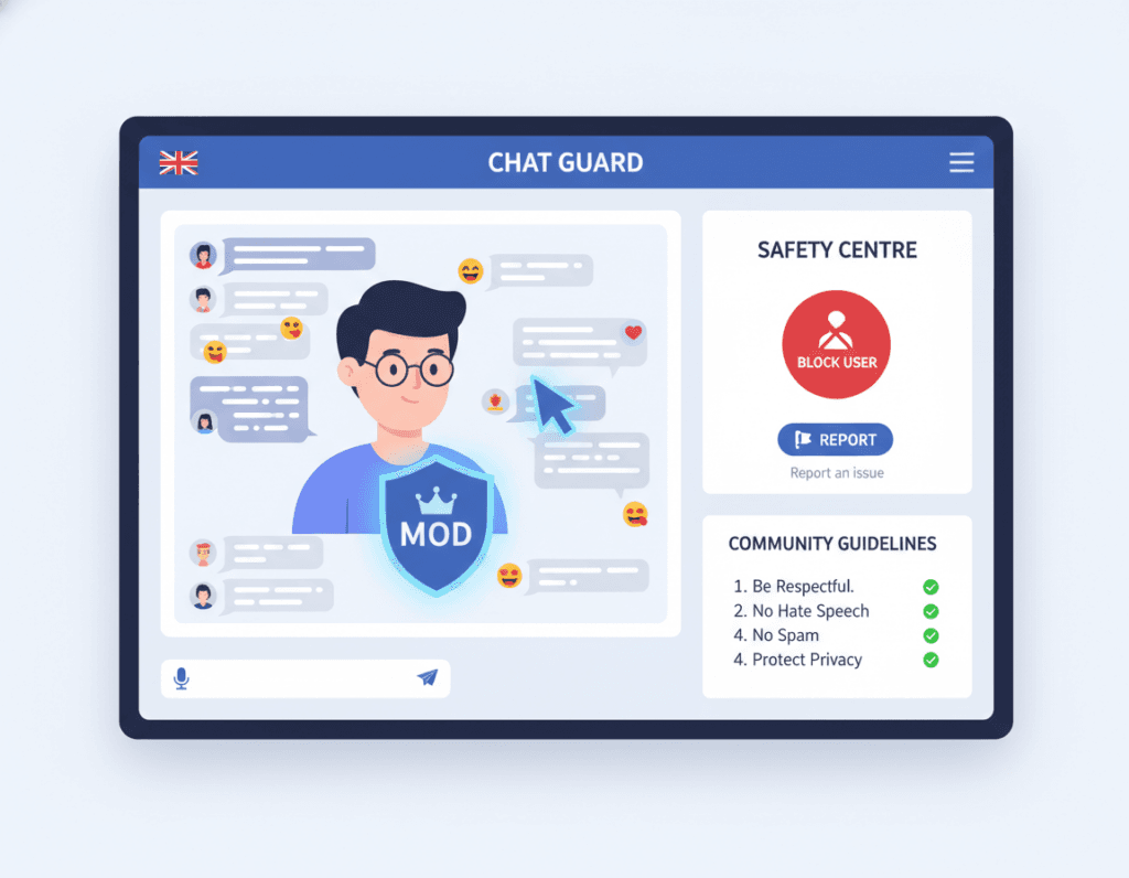 Moderator helping maintain order in a chat room with safety features highlighted