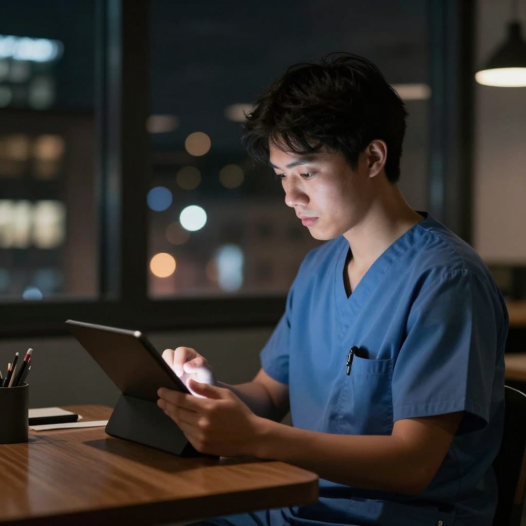 Night shift worker in Manchester using chat rooms during break