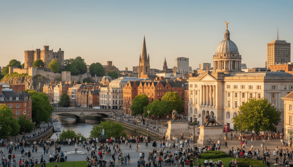 Nottingham city skyline showing iconic buildings and local landmarks where chat room users might gather