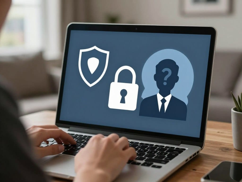 Person chatting safely in Manchester Chat Rooms with privacy symbols