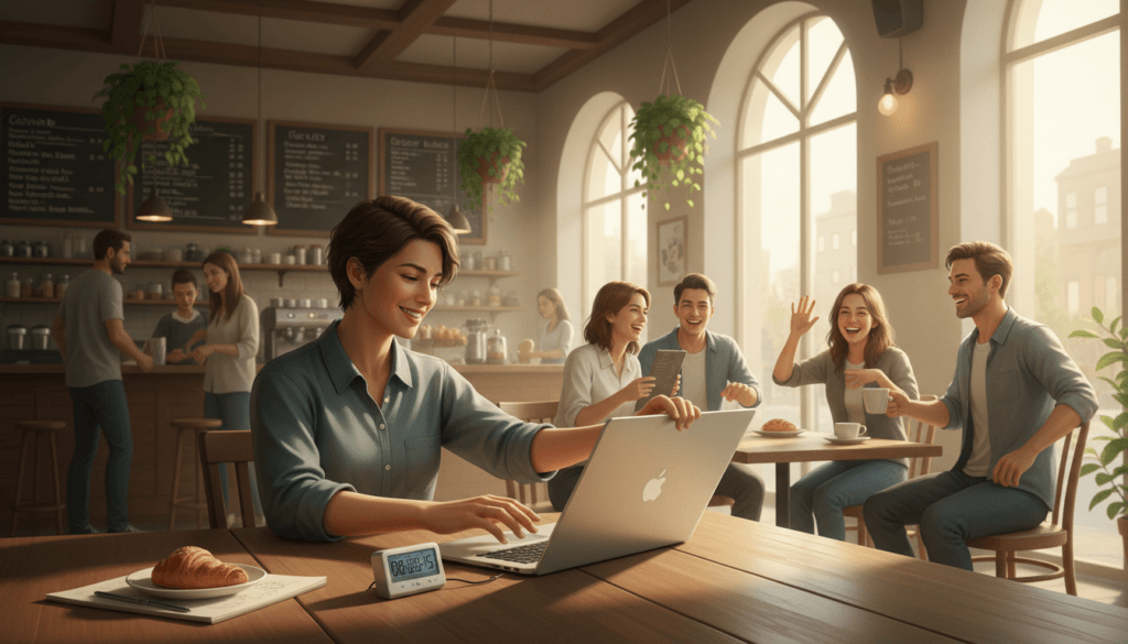 Person finding balance between online and offline activities