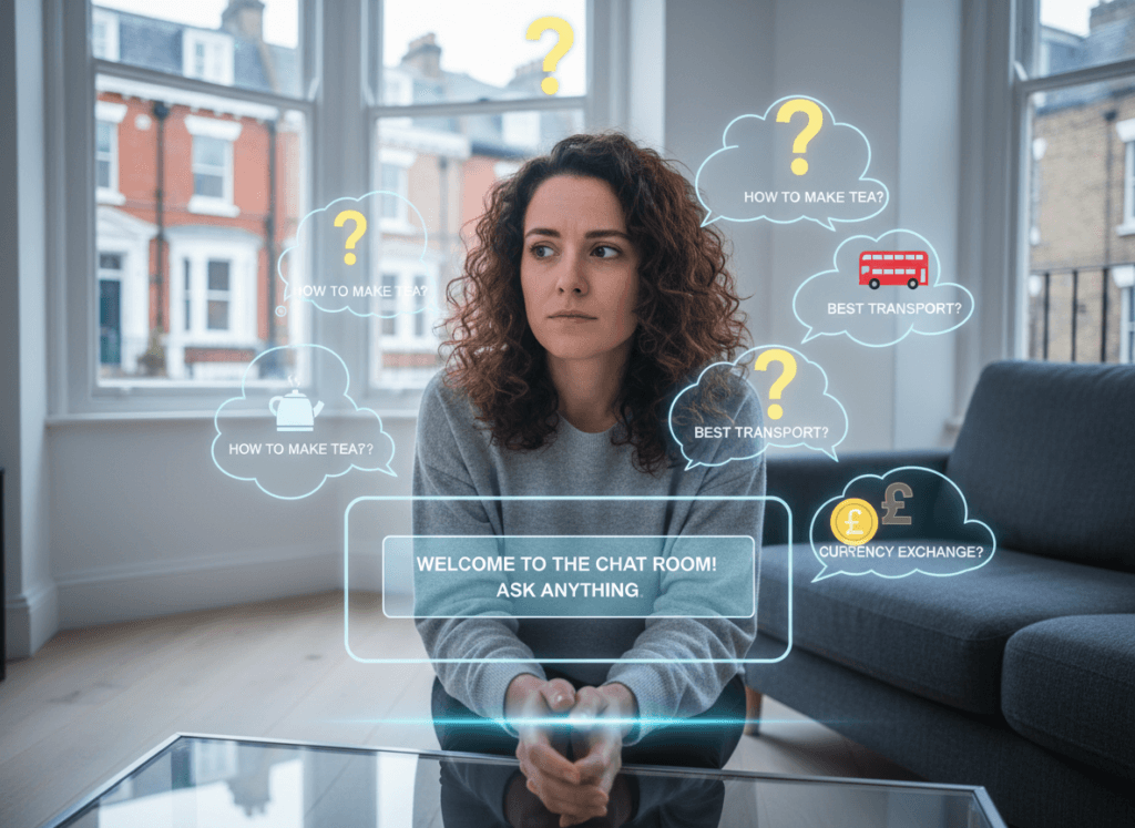 Person looking confused at chat room interface with question marks