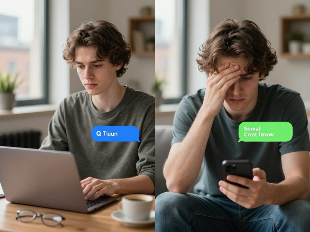 Person looking relaxed using chat rooms compared to stressed with social media