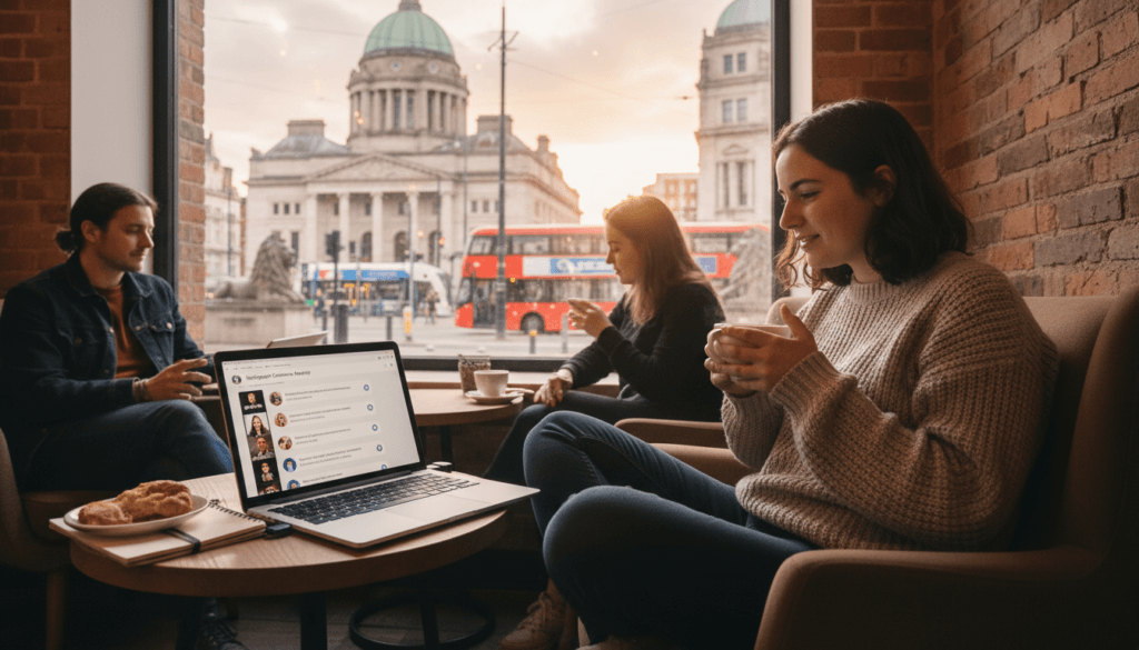 Person relaxing with laptop in a Nottingham café, enjoying local chat