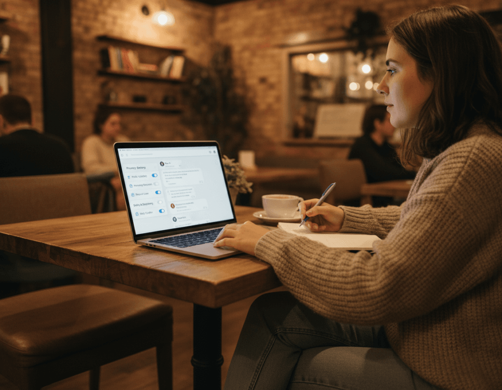 Person safely using a chat room with privacy and security measures visible