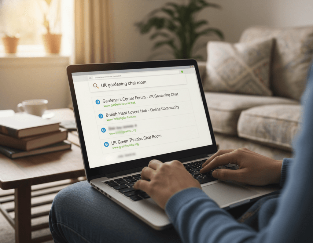 Person searching for chat rooms on a laptop showing search results