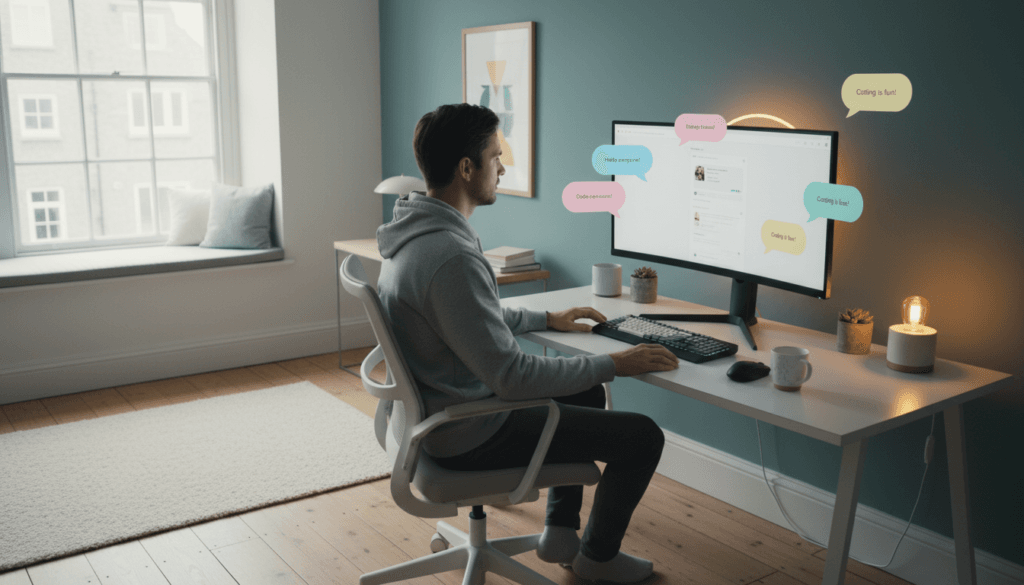 Person using a chat room on computer with speech bubbles appearing on screen