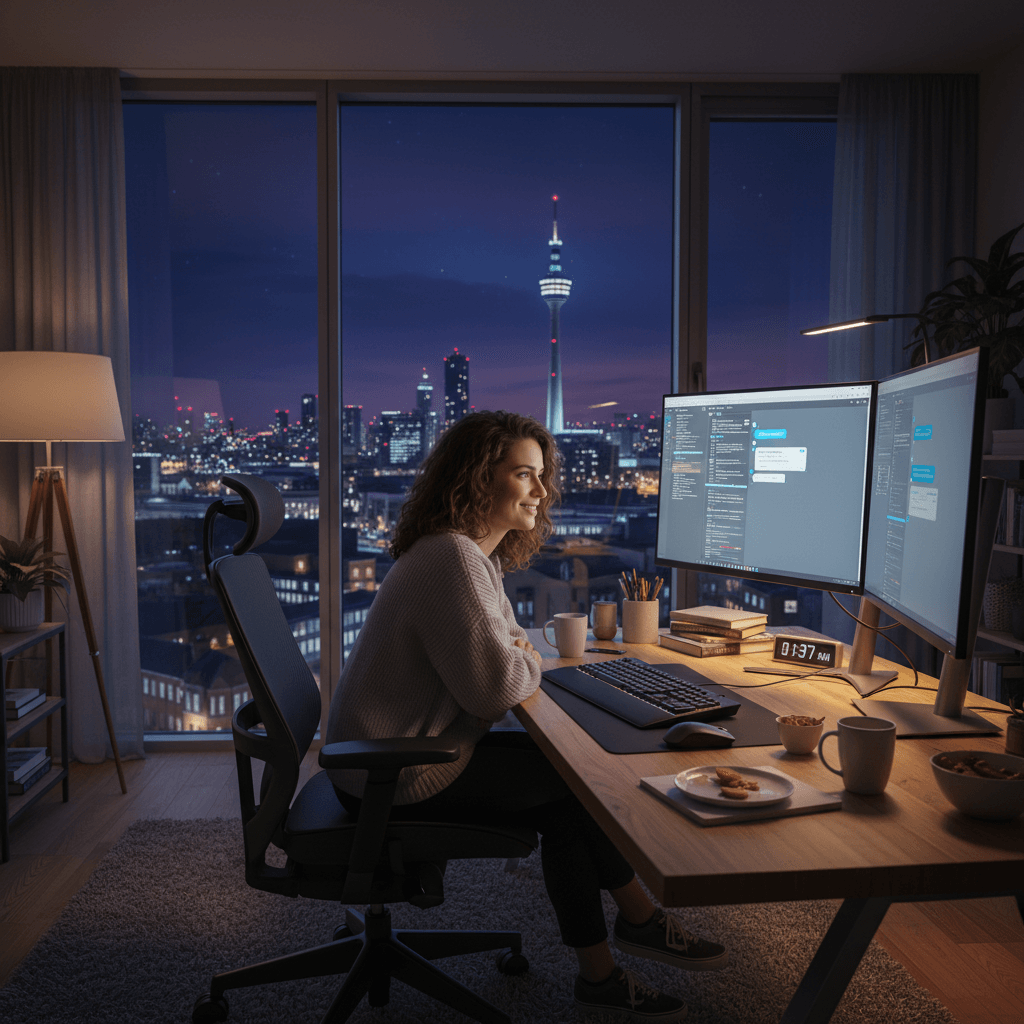 Person working from home late at night using chat rooms for social connection