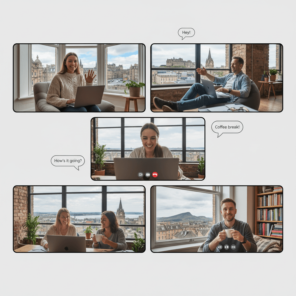 Remote workers in Edinburgh using chat rooms during breaks