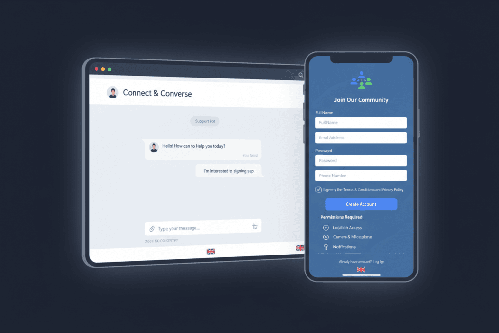 Side-by-side comparison of browser chat room and app-based chat room interfaces