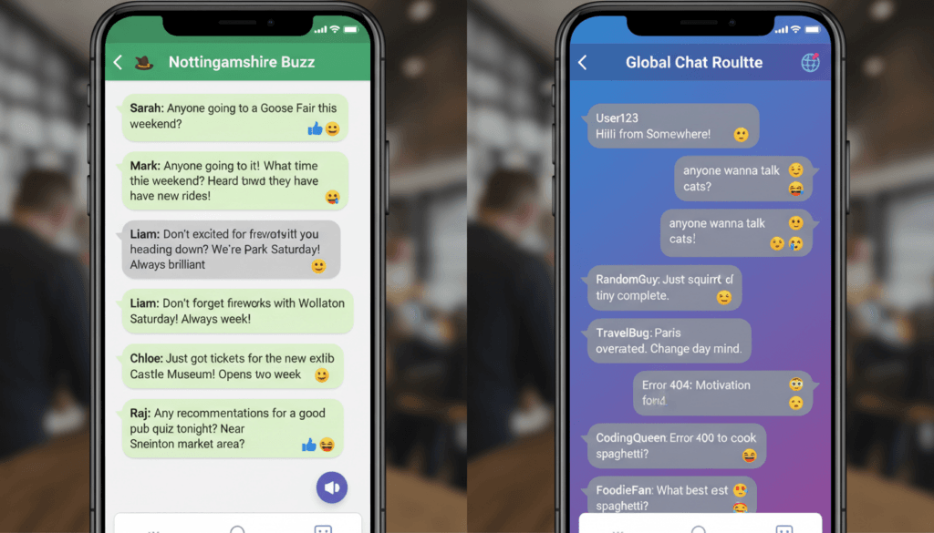 Split screen comparing local Nottingham chat with random global chat