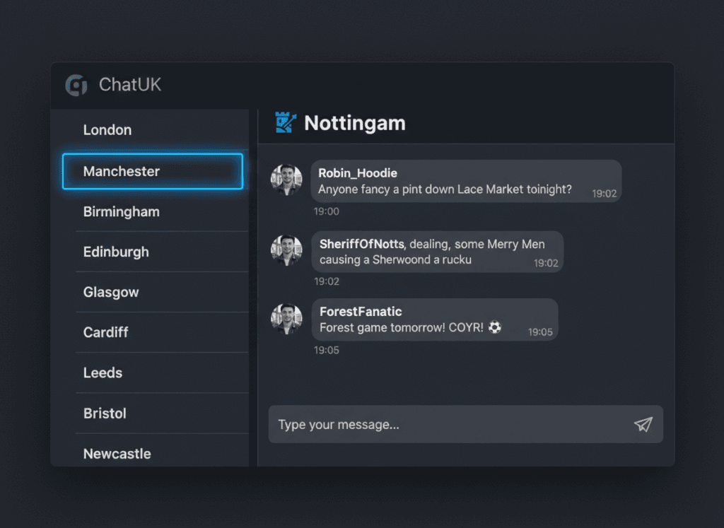 UK chat platform showing Nottingham-specific channel