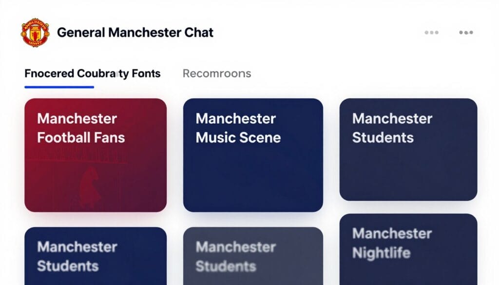 Various Manchester Chat Rooms categories displayed on a digital interface