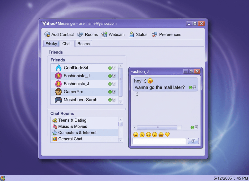Yahoo Messenger interface from 2005 showing chat rooms, avatars, and emoticons during the peak of chat room popularity