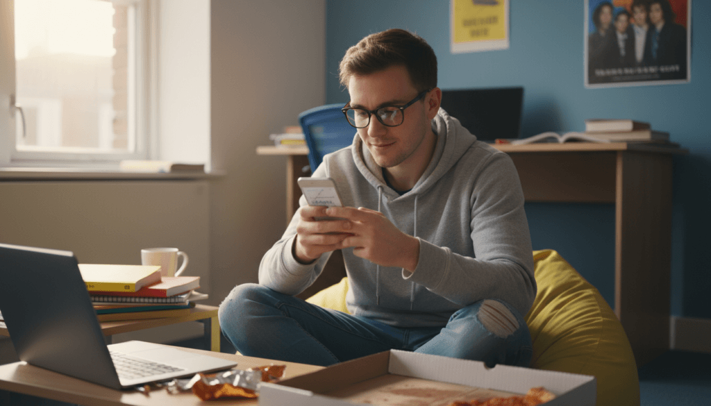 British student looking thoughtful while reading FAQ information on smartphone screen
