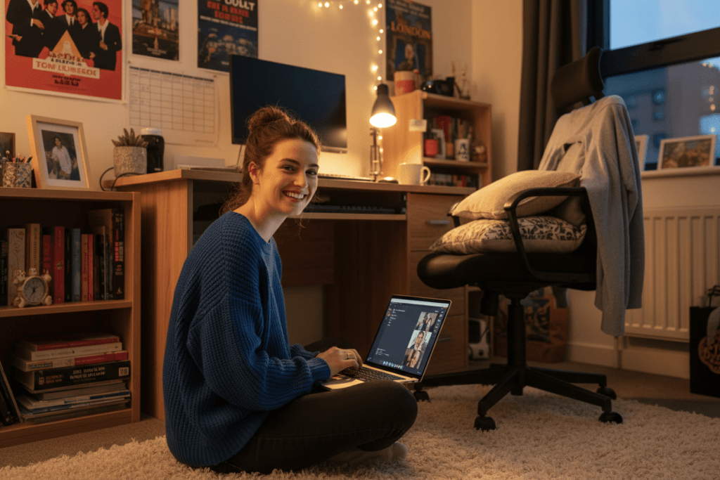 British university student smiling while video chatting on laptop in cozy student accommodation bedroom
