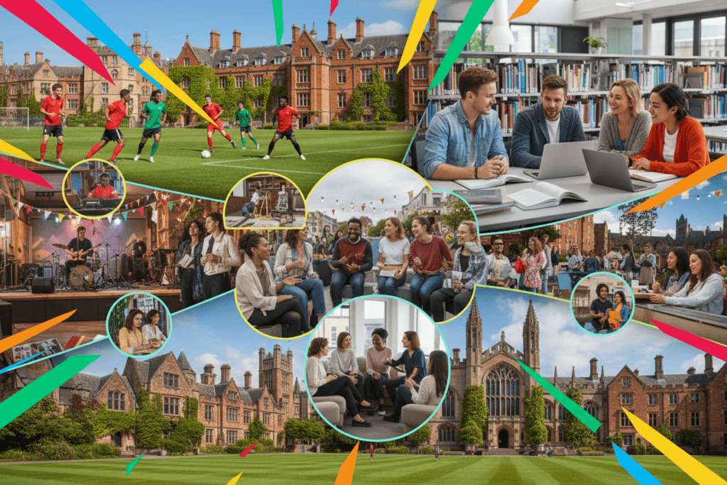 Collage showing different student activities including sports, study groups, and social events on UK campus
