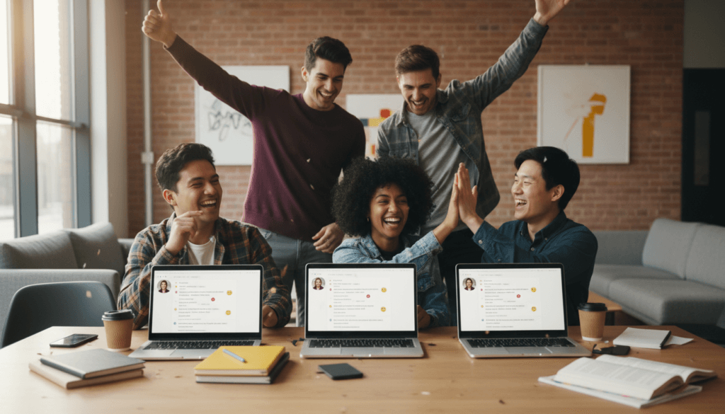 Diverse group of happy British university students celebrating together with laptops showing online community connection