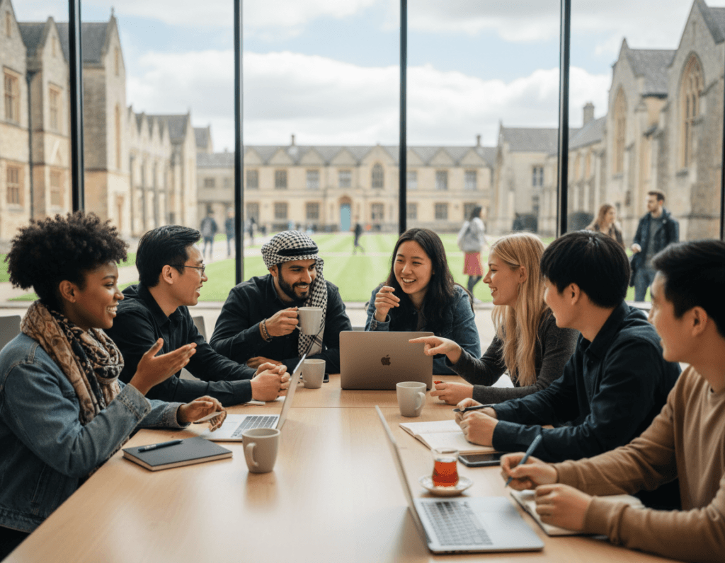 International students from various countries chatting together in modern UK university campus cafe