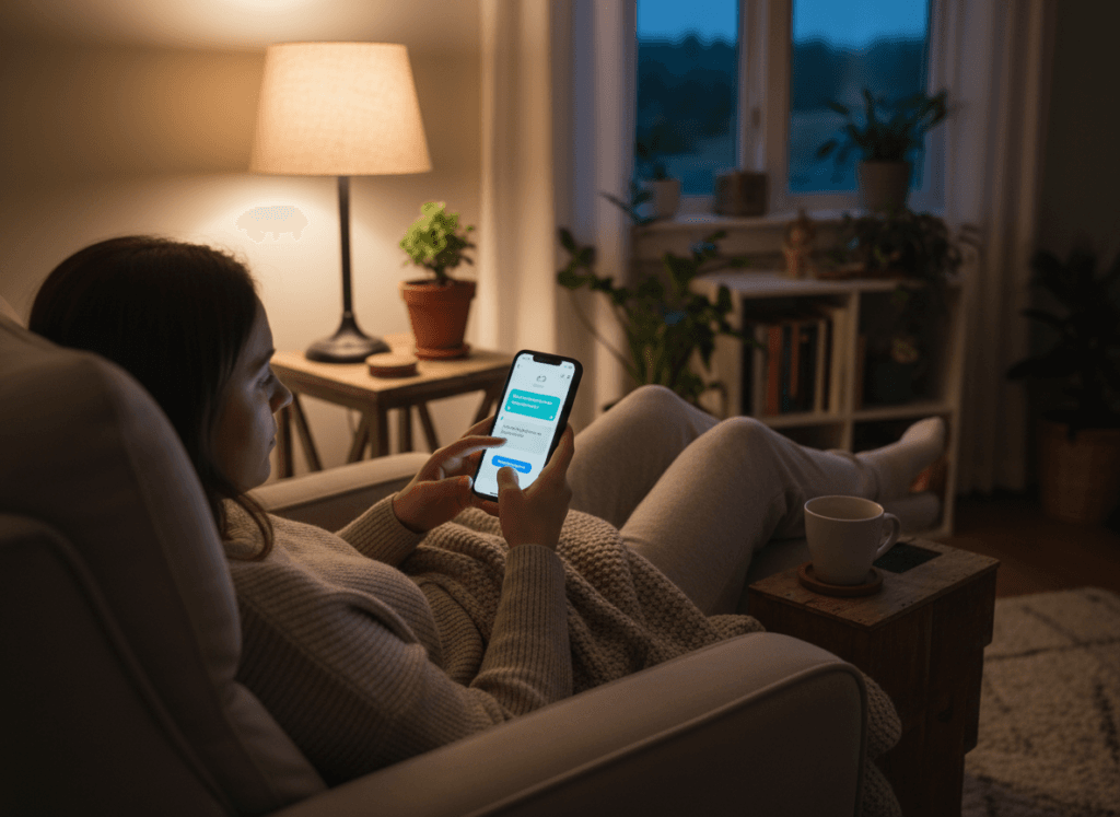 Person accessing mental health chat room on mobile device