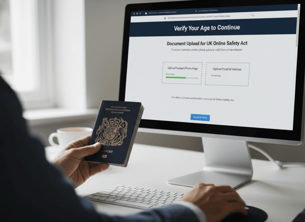 Person scanning passport for UK Online Safety Act age verification on a small website