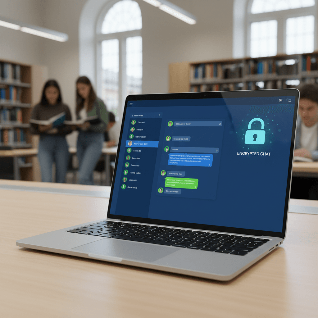 Secure padlock icon overlay on laptop screen representing online safety and student chat room moderation