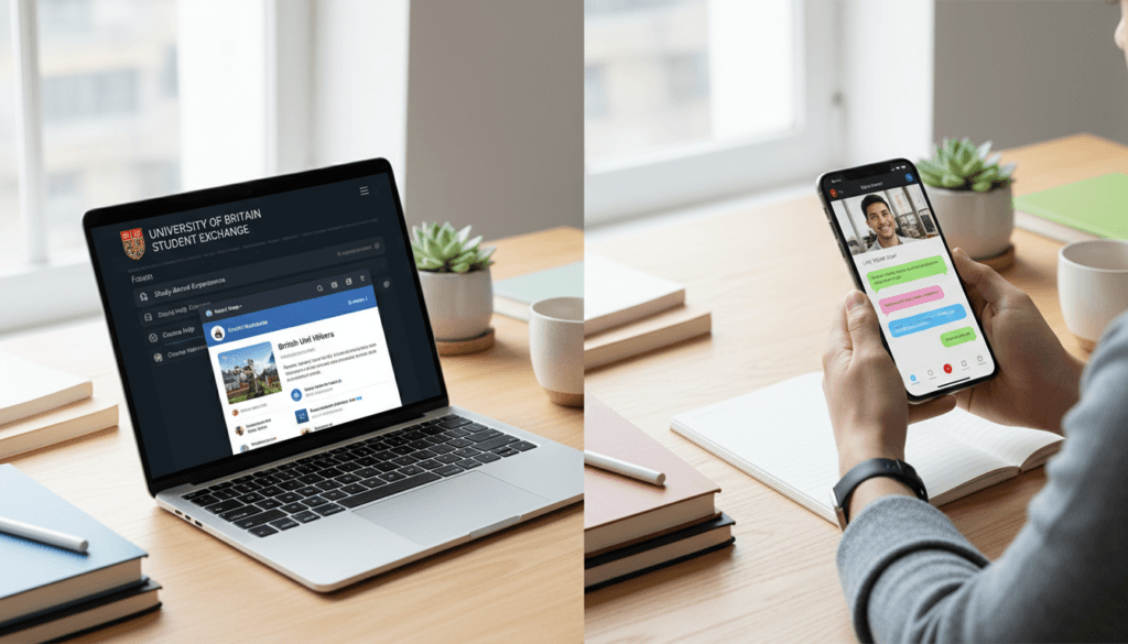 Split screen showing different online platforms including forums and chat interfaces on laptop and phone