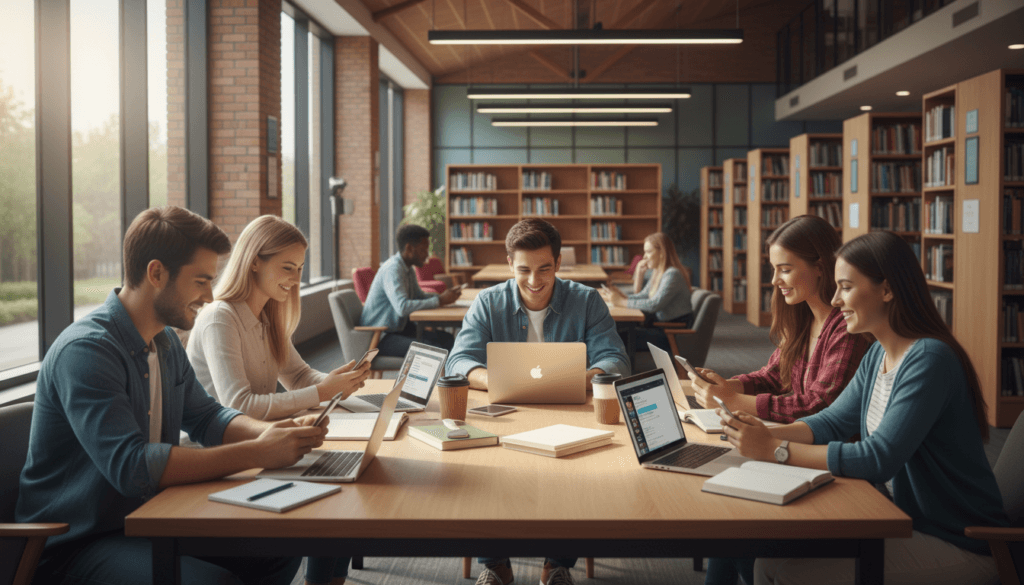 UK university students using laptop computers in modern campus library for online chat and study collaboration
