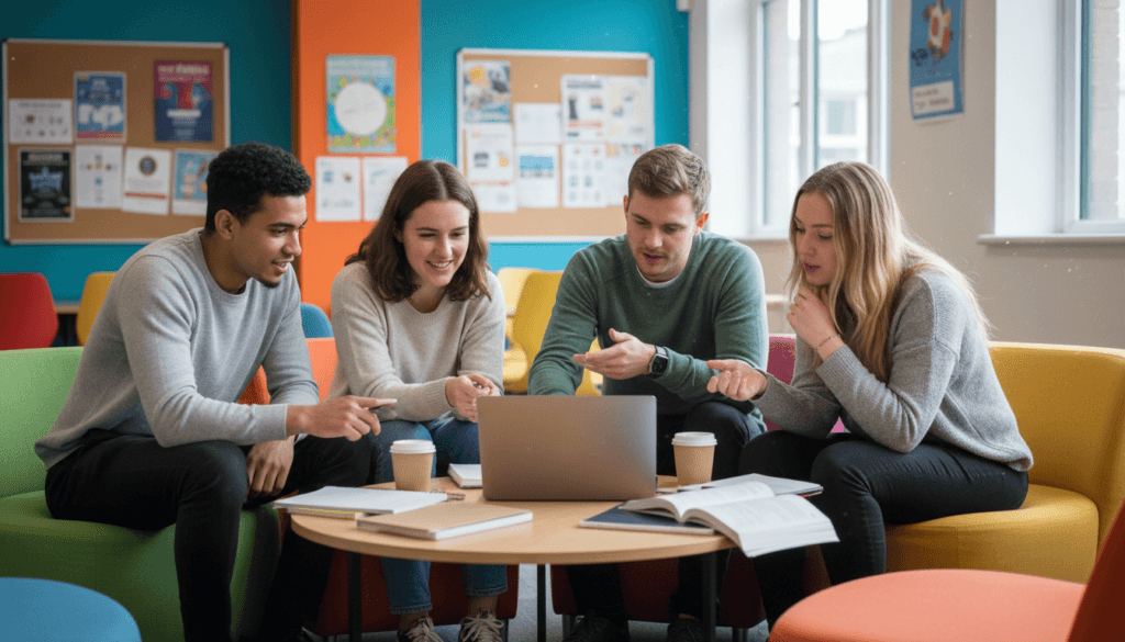 University students collaborating together around laptop in vibrant student union common area