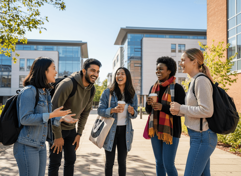 Young diverse British students having friendly conversation on university campus with buildings in background