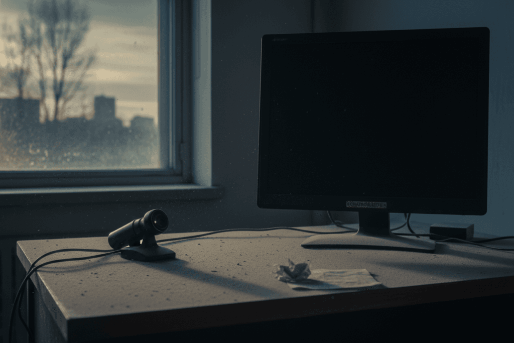 Abandoned empty computer desk with webcam representing Chatroulette decline