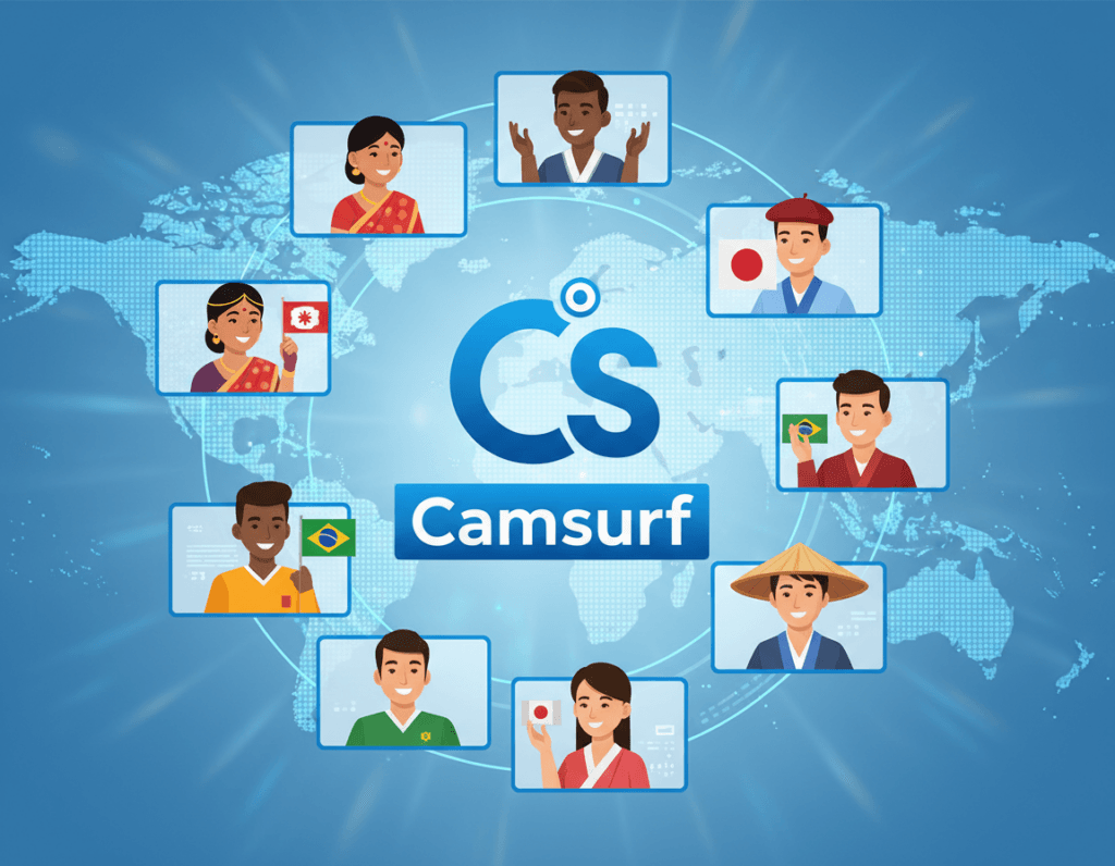 Camsurf logo and random video chat concept illustration