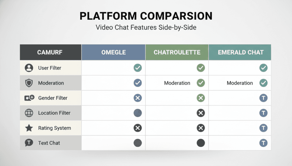 Comparison chart of Camsurf versus other video chat platforms