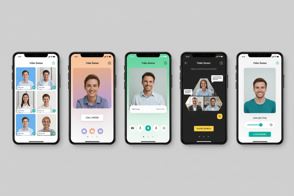 Comparison of different video chat app interfaces on smartphone screens