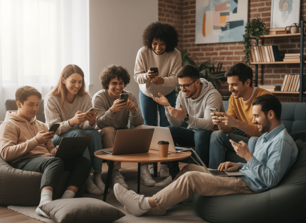 Diverse group of people using chat platforms on their devices