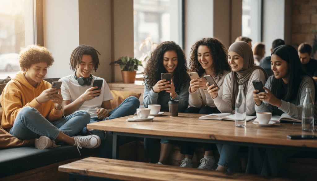 Diverse group of teenagers using smartphones and socializing