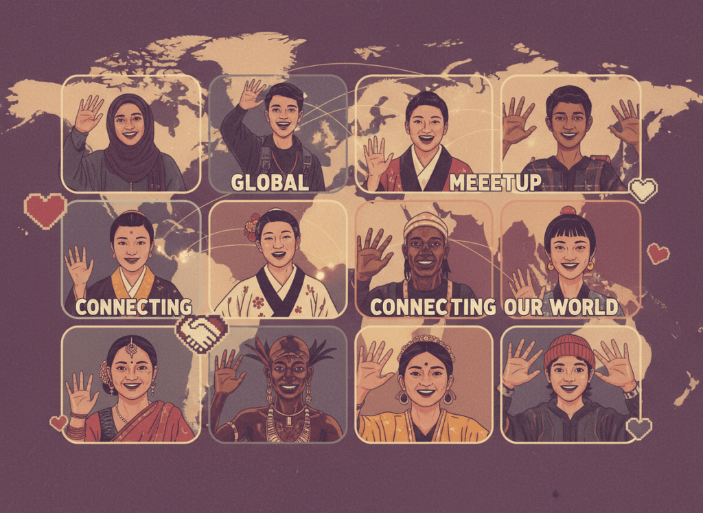 Diverse people from around the world connecting through video chat screens