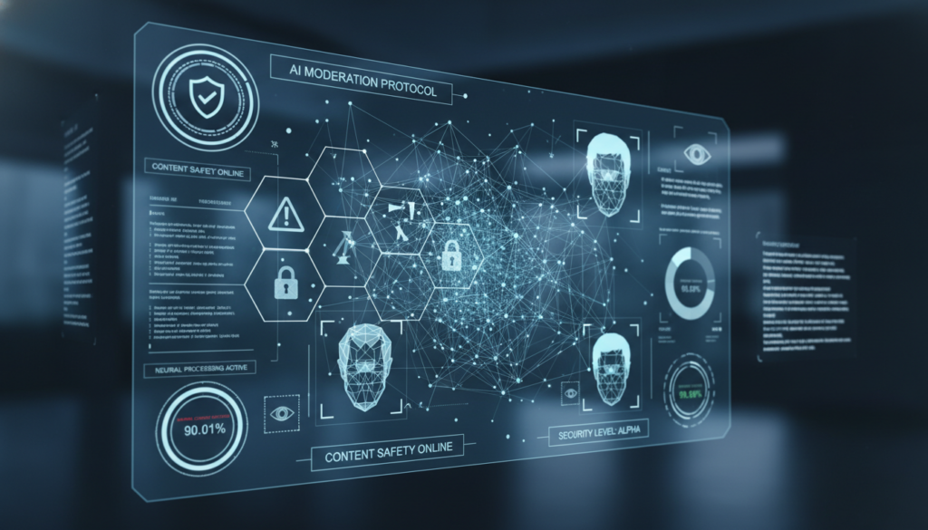 Futuristic technology concept showing AI safety features and moderation