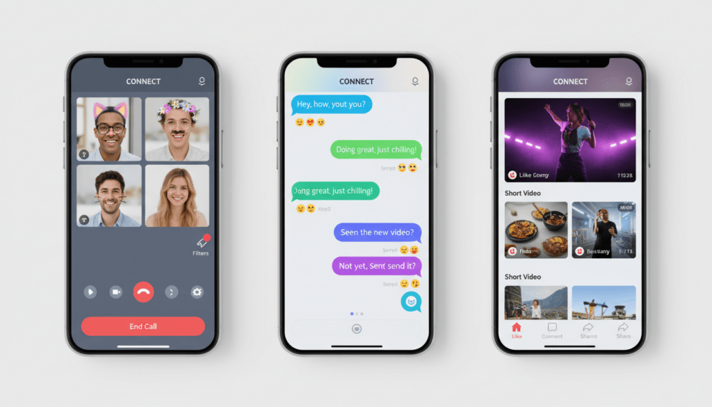 Multiple smartphone screens showing different video chat features and filters