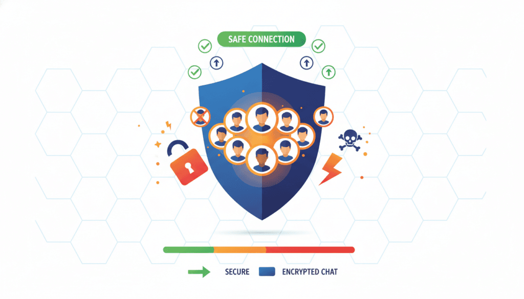 Online safety concept with shield protecting chat users