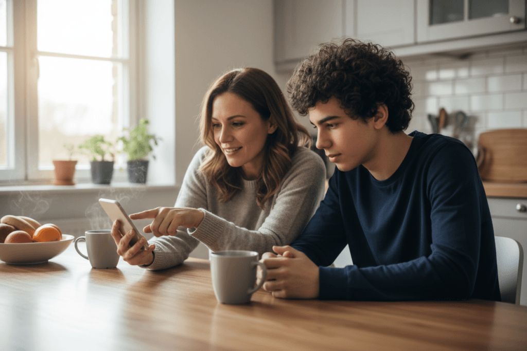Parent and teenager having constructive conversation about technology use